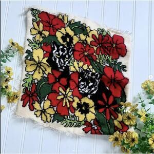 Vintage Crewel Black Panther Big Cat Flower Needlepoint Needlework Unblocked